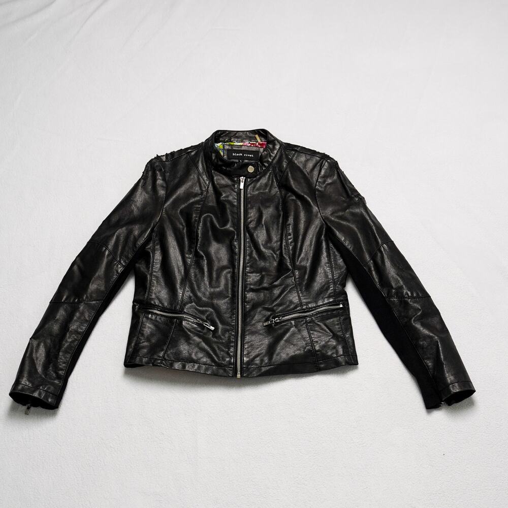 Black Rivet Distressed Grunge Thrashed Faux Leather Moto Jacket - L